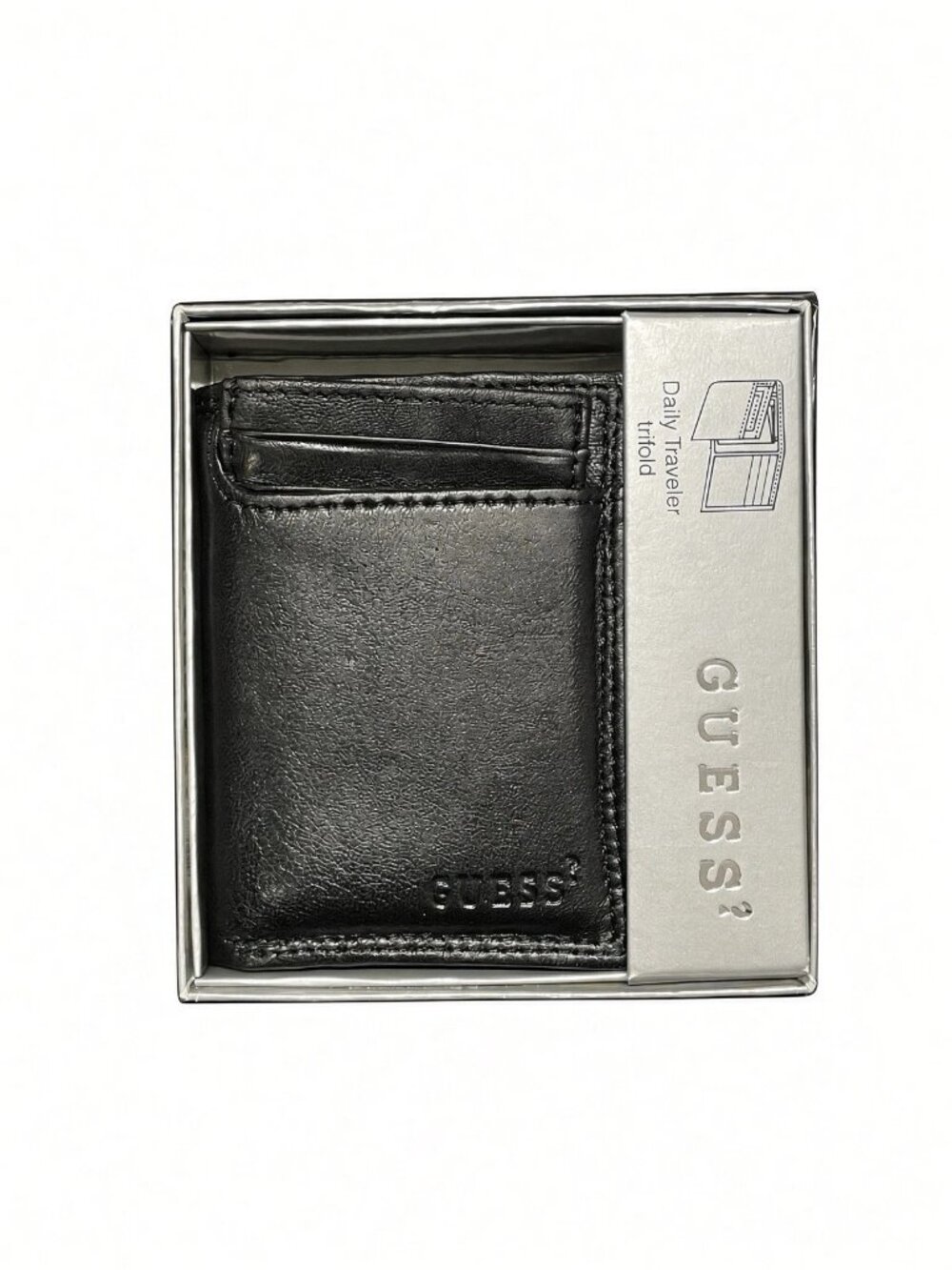 GUESS Daily Traveler Mens Black Leather Trifold Wallet NIB Original Gift Box